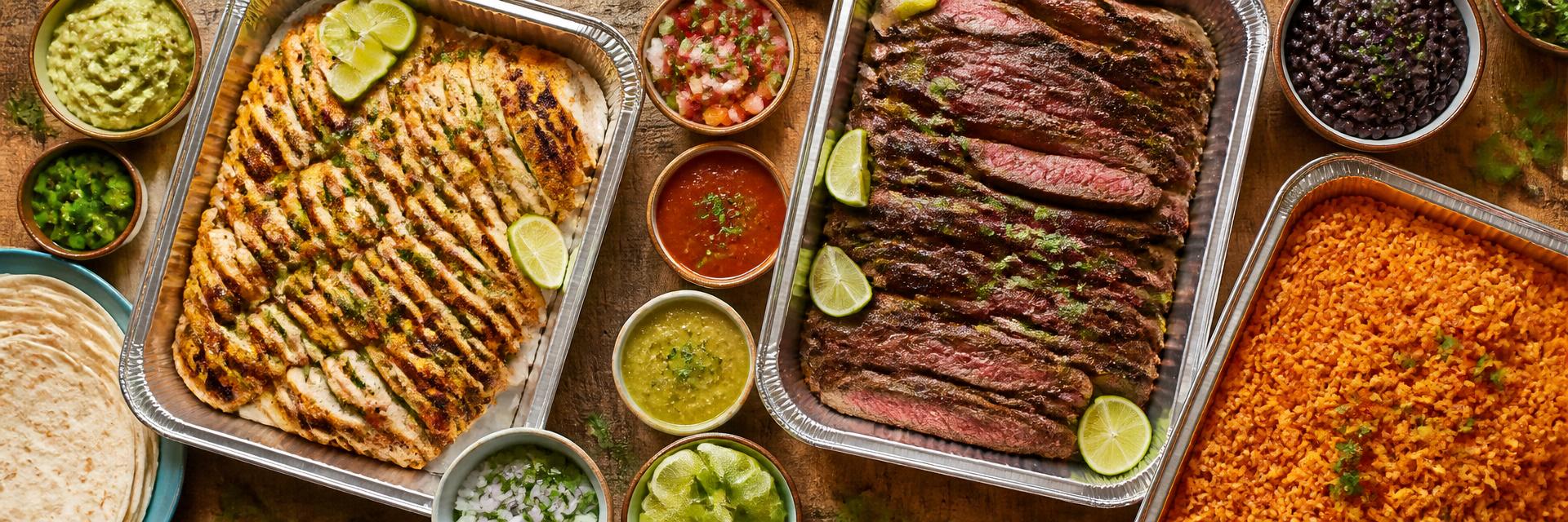 Catering platter spread with grilled meats, rice, and fresh salsas