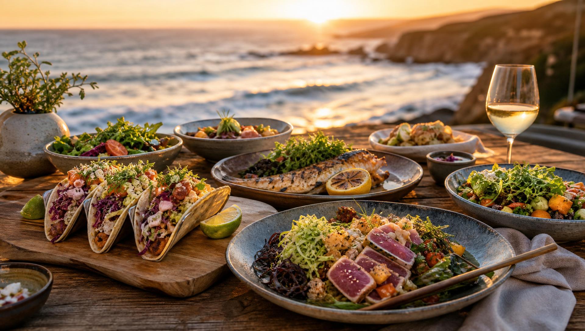 A diverse coastal California dining spread with fresh seafood, vibrant tacos, and artisanal dishes at sunset by the ocean
